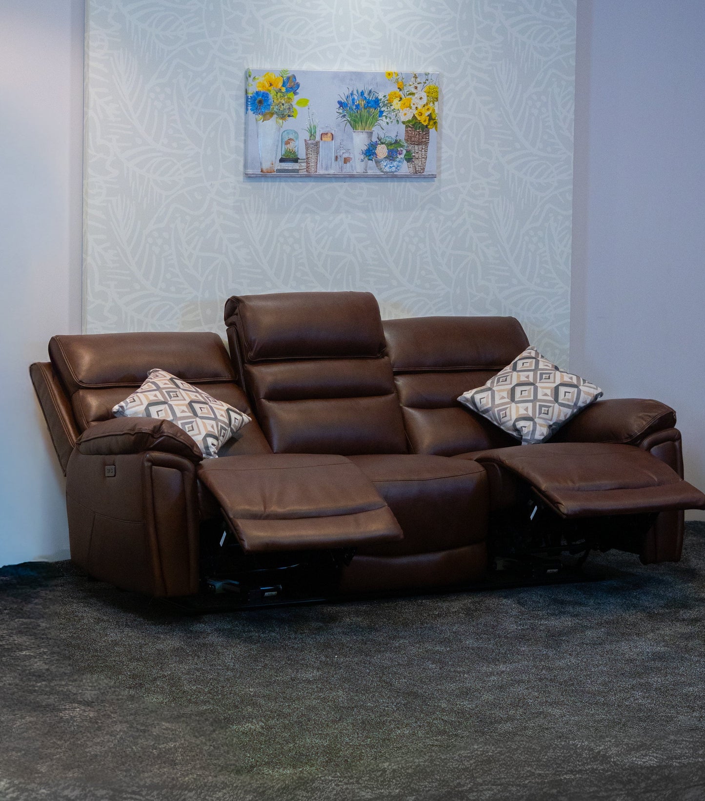 Donald Brown Leather Electric / Power Reclining 3 Seater + 2 Seater Sofa Set With USB Charging Ports & Drop Down Tray Table
