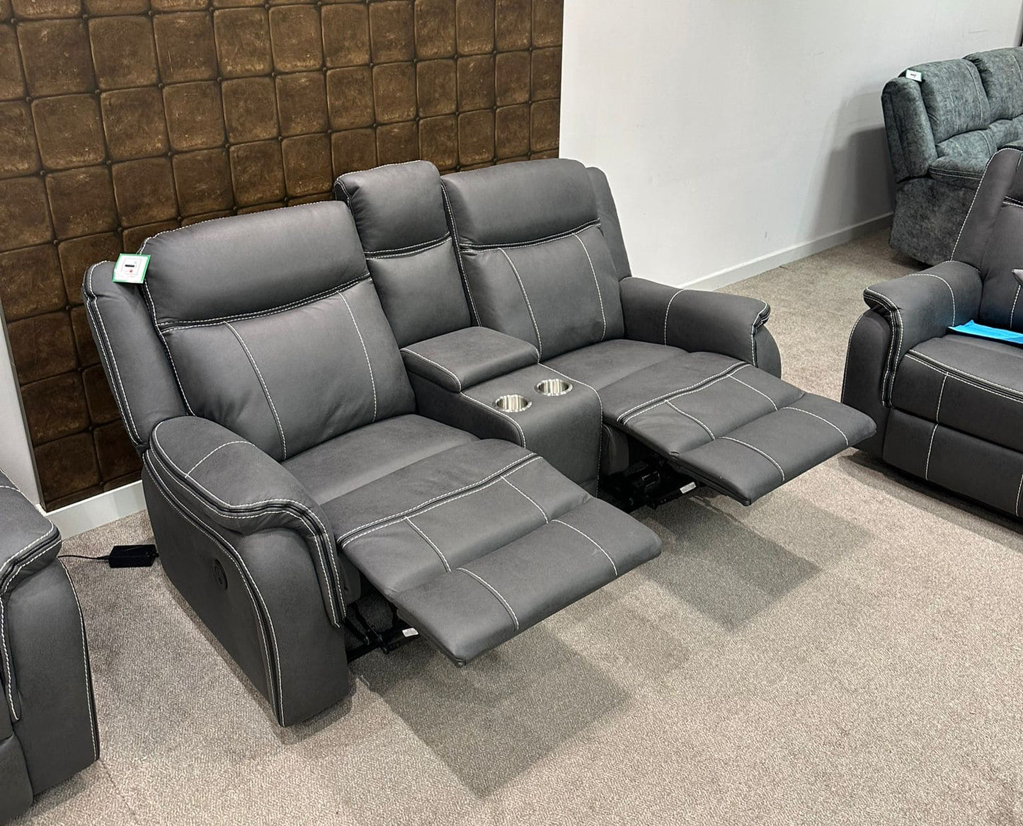 " Mason " Grey Microfibre Fabric 2 Seater With Drinks Console Electric / Power Recliner Sofa Suite + USB Ports