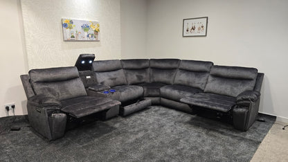 "Xavier" 2c2c Grey Plush Fabric Power Recliner Corner Sofa With USB Charging Ports & Cinema Drinks Console