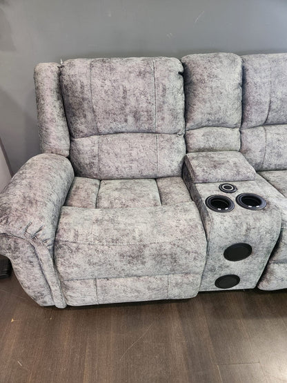 GALAXY Grey Plush Velvet Fabric Electric Reclining 2C2C Corner Sofa | Cooling Cupholders & USB Ports
