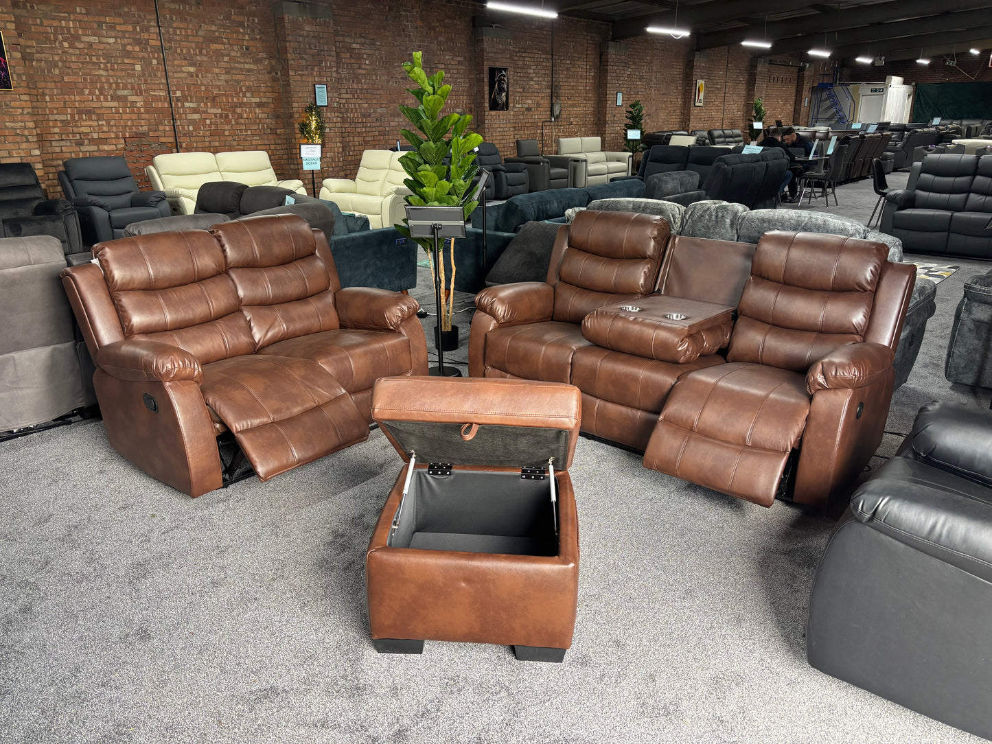 Lando Brown Leather 3 Seater + 2 Seater + Storage Footstool Reclining Sofa Set | Drinks Tray Table | High Backrests | 2 Stage Reclining | Couch |