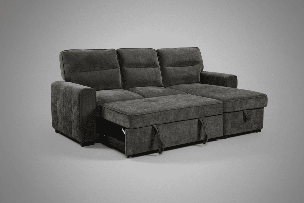 (Back in stock 15th August) 'Lionel' Charcoal Grey Fabric Right Hand Facing Corner Sofa Bed With Storage