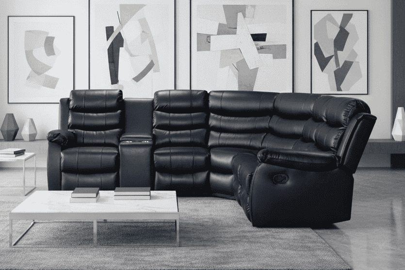 Black Leather 'Lando' 2c1c Reclining Corner Sofa |  Reversible & Modular | Drinks Console | High Backrest | Built To Fit Any Home | Couch |