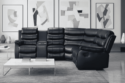 Black Leather 'Lando' 2c1c Reclining Corner Sofa |  Reversible & Modular | Drinks Console | High Backrest | Built To Fit Any Home | Couch |