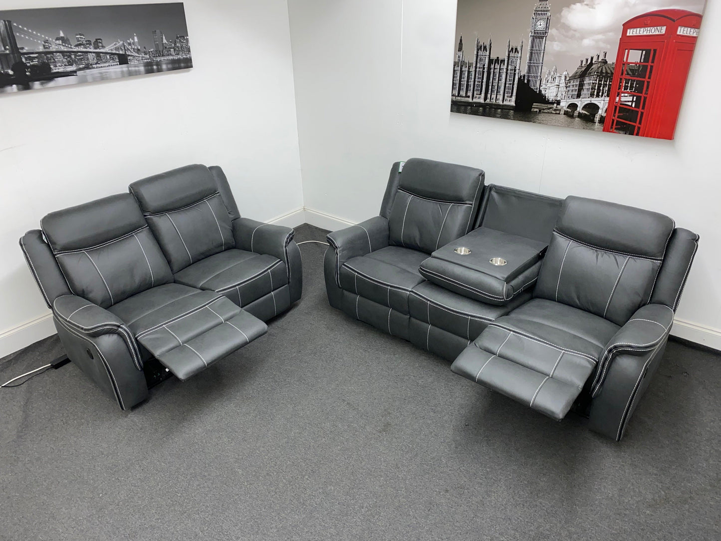 " Sloane Vision " Grey Water Resistant Microfibre Fabric 3 + 2 Seater Electric / Power Recliner Sofa Suite Set With USB Ports & Drop Down Tray Table | Couch |