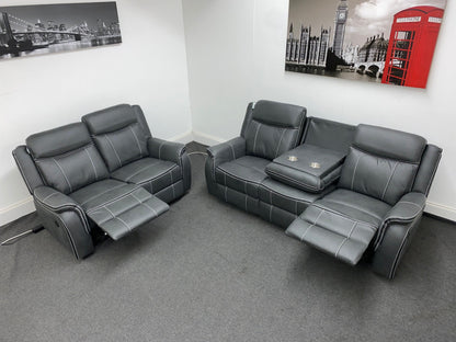 " Sloane Vision " Grey Water Resistant Microfibre Fabric 3 + 2 Seater Electric / Power Recliner Sofa Suite Set With USB Ports & Drop Down Tray Table | Couch |