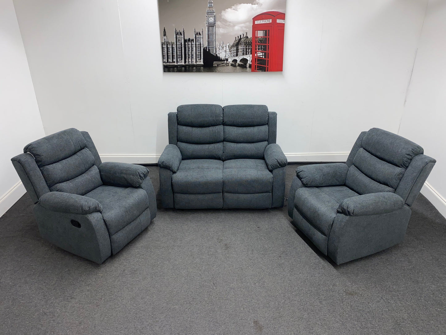 ‘Lewson’ Charcoal Grey Fabric Recliner 2 + 1 + 1 Seater Sofa + Armchair Sofa Suite Set | Couch |