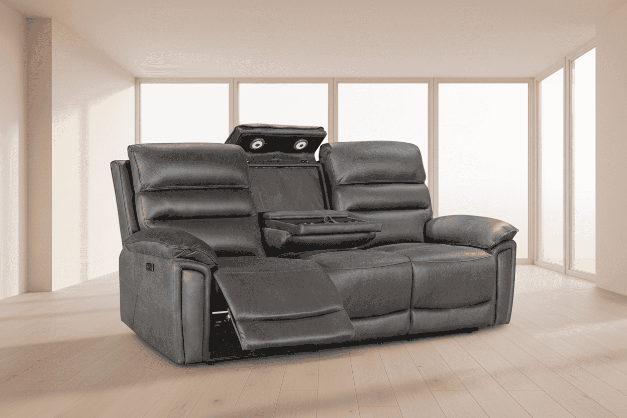 DFS Lawson Grey Easy Clean Fabric Electric Reclining 3 Seater + 2 Seater Sofa Set With USB Charging Ports, Drop Down Tray Table & Drinks Cooling Cupholders