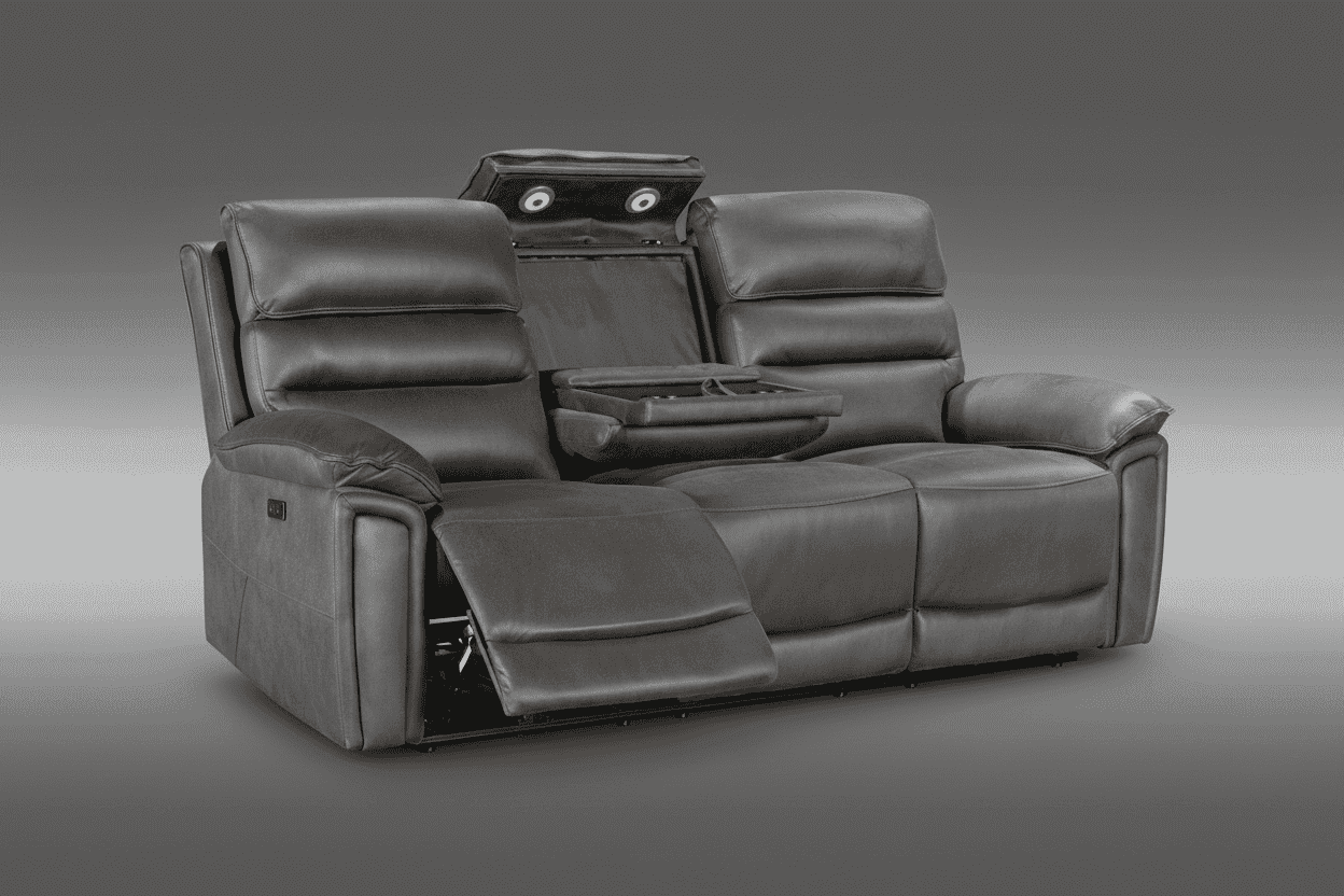 DFS Lawson Grey Easy Clean Fabric Electric Reclining 3 Seater + 2 Seater Sofa Set With USB Charging Ports, Drop Down Tray Table & Drinks Cooling Cupholders