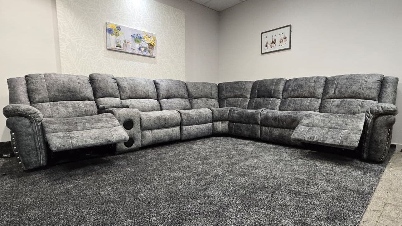 GALAXY Grey Plush Velvet Fabric Electric Reclining 3C3C Corner Sofa | Cooling Cupholders & USB Ports