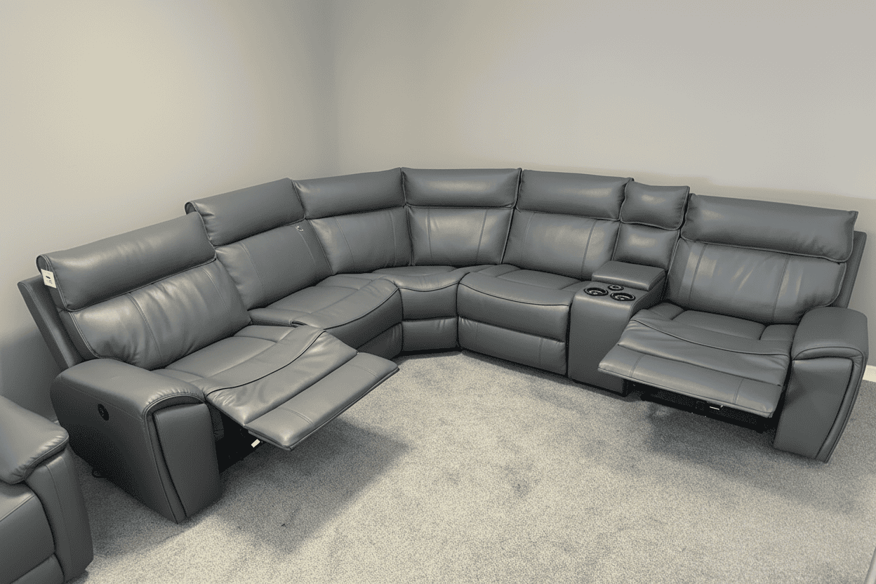 " Ronan " Drinks Cooling Cupholders Milano 2c2c Leather Sectional 6 Unit Power Recliner Corner Sofa With USB Charging Ports