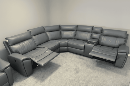 " Ronan " Drinks Cooling Cupholders Milano 2c2c Leather Sectional 6 Unit Power Recliner Corner Sofa With USB Charging Ports