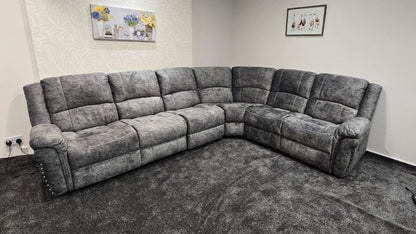 GALAXY Grey Plush Velvet Fabric Electric Reclining 3C2 Corner Sofa & USB Ports