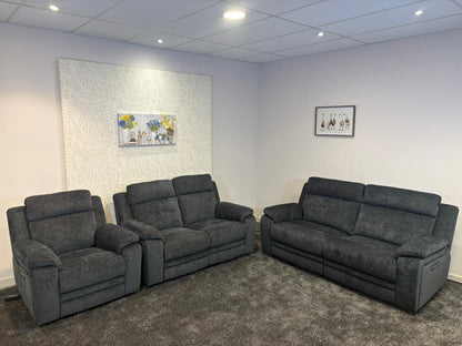"Barretta" Electric / Power Reclining Grey Fabric Sofa Set - USB Charging & Drinks Tray Table