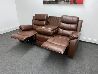 Lando Recliner Brown Leather 3 + 1 + 1 Seater Sofa (Couch) Set With Drop Down Drinks Table & 2 Stage Recliner Motion
