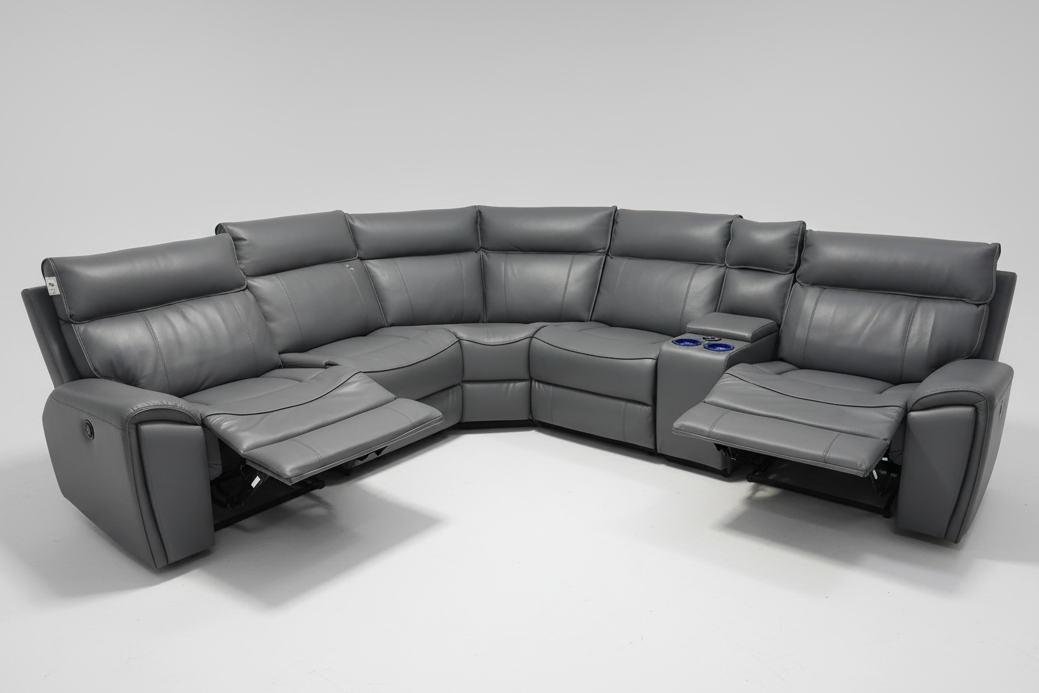 "Ronan" Grey Leather Electric Recliner Corner Sofa + Drinks Cooling Cupholders & USB Charging Ports (Reversible)