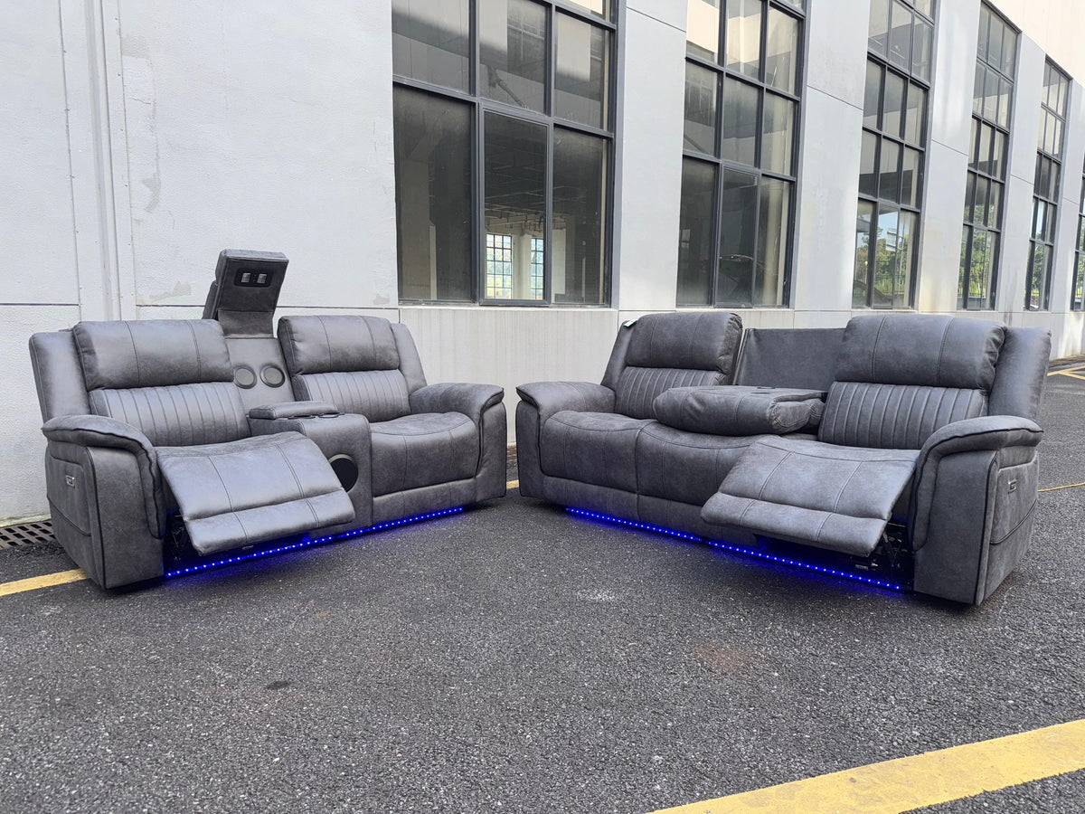 (Pre Order Promo Deal!) Geneva Mid Grey Easy Clean Suede Fabric 3 Seater + 2 Seater With Tech Console + Armchair Set | Online Only