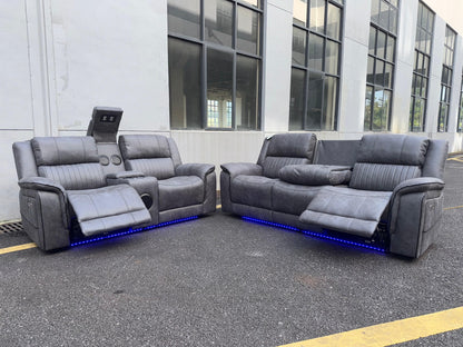 (Pre Order Promo Deal!) Geneva Mid Grey Easy Clean Suede Fabric 3 Seater + 2 Seater With Tech Console + Armchair Set | Online Only