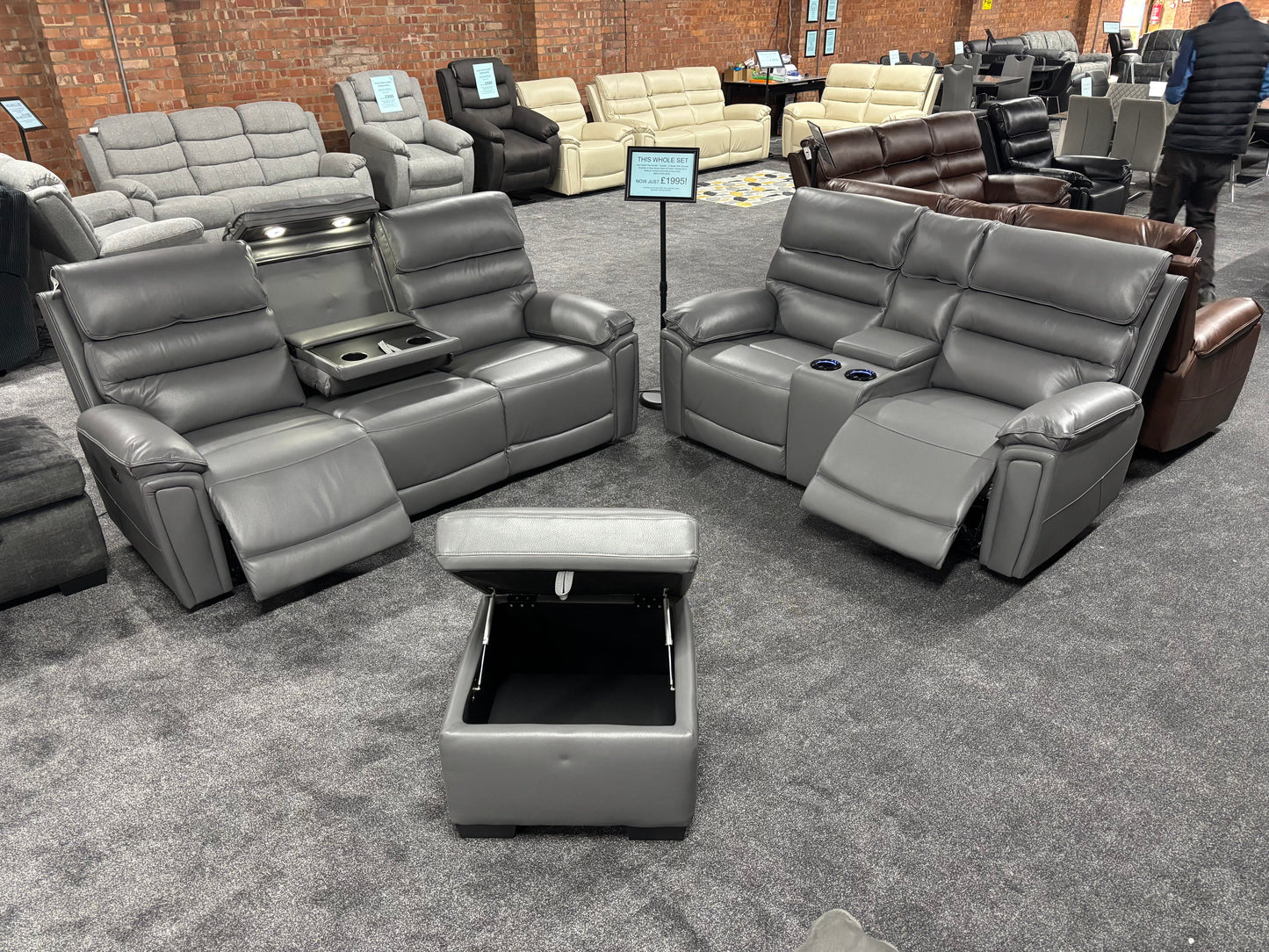 Donald Grey Leather Electric / Power Reclining 3 Seater + 2 Seater + Storage Footstool Sofa Suite Set With Drinks Coolers USB Charging Ports & Drop Down Tray Table