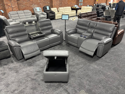 Donald Grey Leather Electric / Power Reclining 3 Seater + 2 Seater + Storage Footstool Sofa Suite Set With Drinks Coolers USB Charging Ports & Drop Down Tray Table