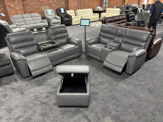 Donald Grey Leather Electric / Power Reclining 3 Seater + 2 Seater + Storage Footstool Sofa Suite Set With Drinks Coolers USB Charging Ports & Drop Down Tray Table