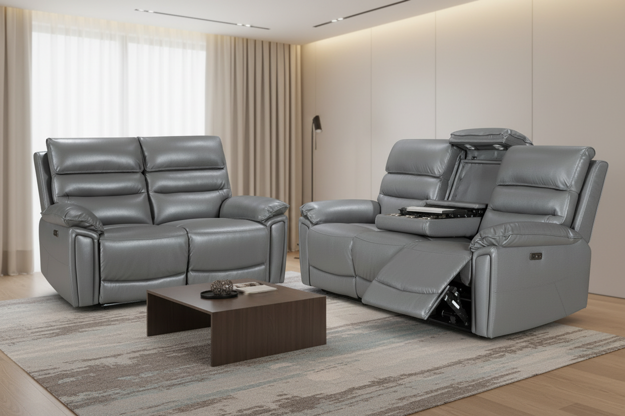 'SPECIAL OFFER' DFS Lawson Grey Leather Electric Reclining 3 Seater + 2 Seater Sofa Set With USB Charging Ports & Drop Down Tray Table With Reading Lights (Copy)