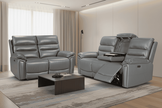 'SPECIAL OFFER' DFS Lawson Grey Leather Electric Reclining 3 Seater + 2 Seater Sofa Set With USB Charging Ports & Drop Down Tray Table With Reading Lights