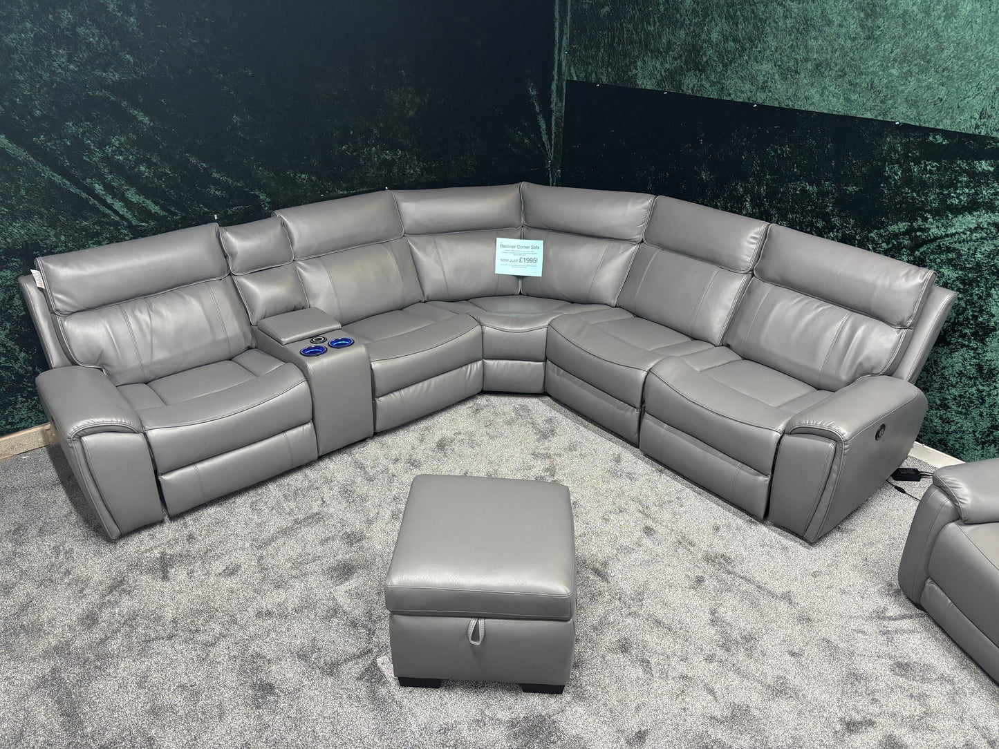 "Ronan" Grey Leather Electric Recliner Corner Sofa + Storage Footstool, Cupholders & USB Charging Ports (Reversible)