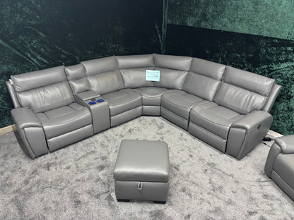 "Ronan" Grey Leather Electric Recliner Corner Sofa + Storage Footstool, Cupholders & USB Charging Ports (Reversible)