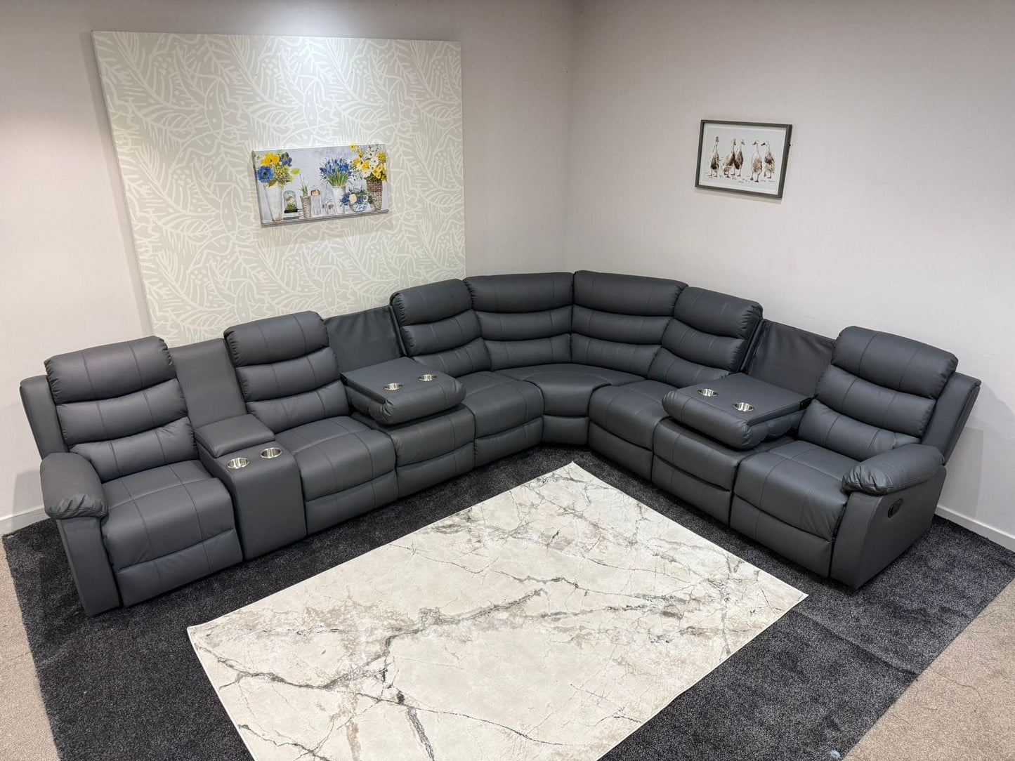 "Lando" Grey Leather 4C3C Recliner Corner Sofa Reversible | 2 x Drinks Tray Table | Modular