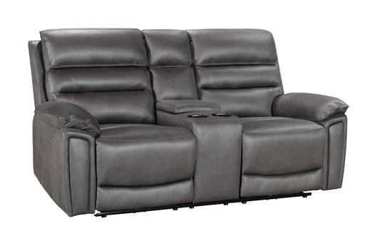 Donald Grey Suede Fabric Electric / Power Reclining 2 Seater With Drinks Console Sofa With USB Charging Ports & Drinks Coolers