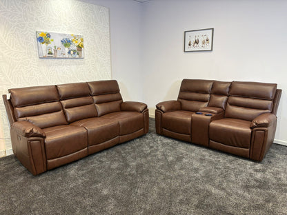 Donald Brown Leather Electric / Power Reclining Sofa Range Suite Set With USB Charging Ports & Drop Down Tray Table