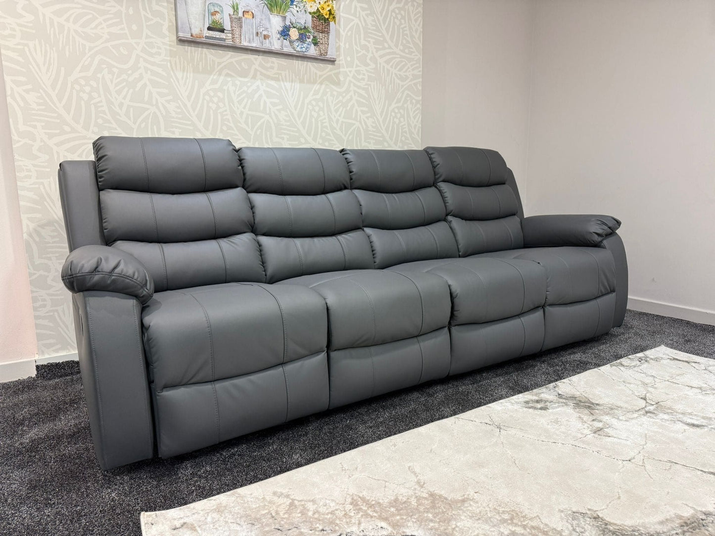 Lando Grey Leather 4 Seater Sofa | Fold Down Tray Table, High Headrest & Seating Position Couch