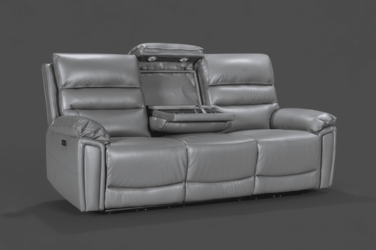 BUNDLE OFFER! DFS Lawson Grey Leather Electric Reclining 3 Seater + 2 Seater Sofa Set With Drinks Coolers, USB Charging Ports & Drop Down Tray Table With Reading Lights