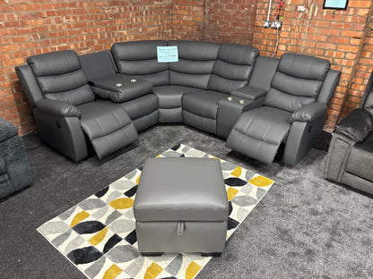 'Lando' Grey Leather Reversible Reclining Corner Sofa | Comes With A Storage Footstool, Drinks Console | Fold Down Tray Table | High Backrest & Seating Position | Couch |