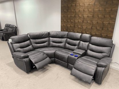 Cinema LHF Corner Sofa | Power Headrests | Drinks Coolers | Wireless Charging | Bluetooth Speakers | Express Smart Tech Grey Fabric Power Recliner Corner Sofa