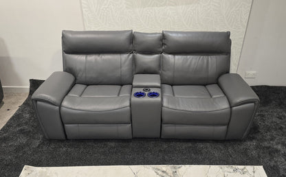"Ronan" Cinema Sofa in Milano Grey Leather Power Recliner Complete With USB & Wireless Charging. Laf + Raf + Console