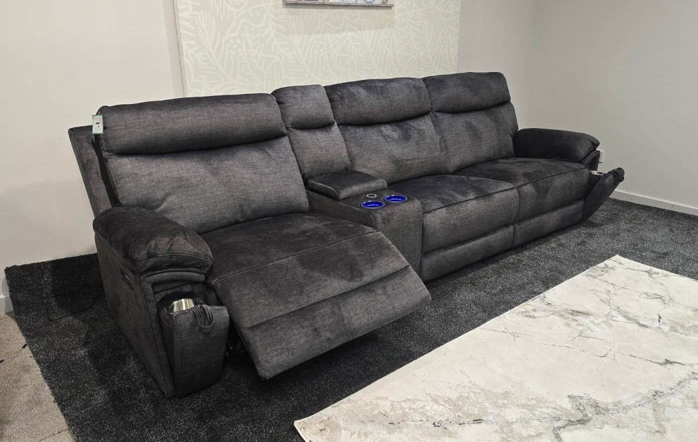 "Xavier" Reversible 5 Seater Cinema Sofa Grey Plush Fabric With Power Recliners, USB Charging Ports, Wireless Charging & Drinks Cooling Cup Holders. Laf + RAF + Armless + Tech Console