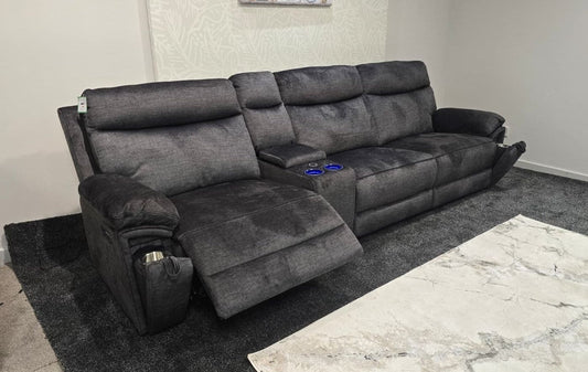 "Xavier" Reversible 5 Seater Cinema Sofa Grey Plush Fabric With Power Recliners, USB Charging Ports, Wireless Charging & Drinks Cooling Cup Holders. Laf + RAF + Armless + Tech Console