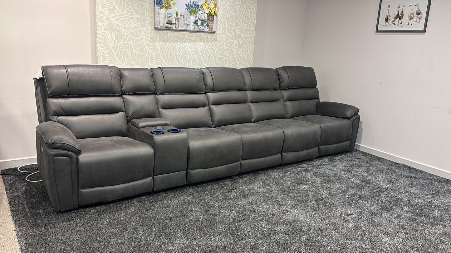 Donald Cinema Tech 5 Seater + Drinks Console Easy-Clean Suede Fabric Modular Power Recliner Sofa – Console, Drinks Coolers &amp; Wireless Charging