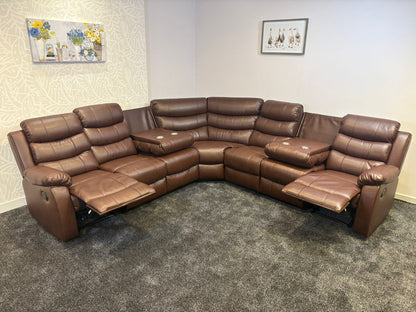 "Lando" Brown Leather 3C3 Recliner Corner Sofa | Drinks Tray Table x 2 | Modular