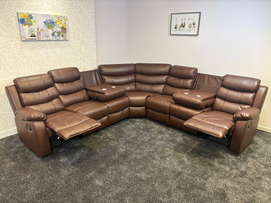 "Lando" Brown Leather 3C3 Recliner Corner Sofa | Drinks Tray Table x 2 | Modular