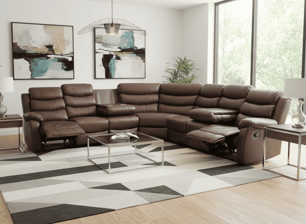 "Lando" Brown Leather 3C3 Recliner Corner Sofa | Drinks Tray Table x 2 | Modular