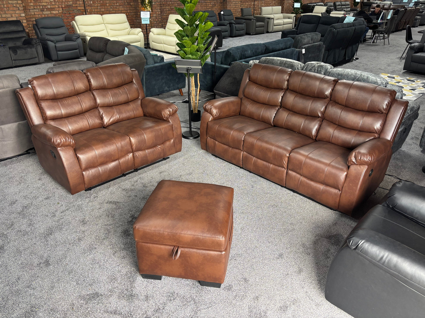 Lando Brown Leather 3 Seater + 2 Seater + Storage Footstool Reclining Sofa Set | Drinks Tray Table | High Backrests | 2 Stage Reclining | Couch |
