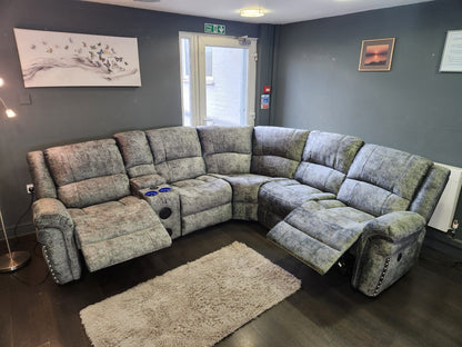 GALAXY Grey Plush Velvet Fabric Electric Reclining 2C2C Corner Sofa | Cooling Cupholders & USB Ports