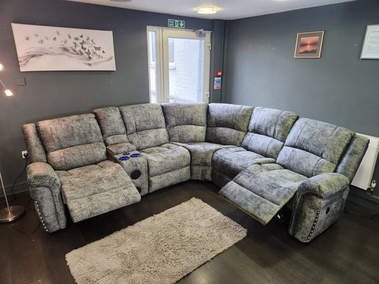 GALAXY Grey Plush Velvet Fabric Electric Reclining 2C2C Corner Sofa | Cooling Cupholders & USB Ports