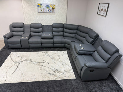 "Lando" Grey Leather 4C3C Recliner Corner Sofa Reversible | 2 x Drinks Tray Table | Modular