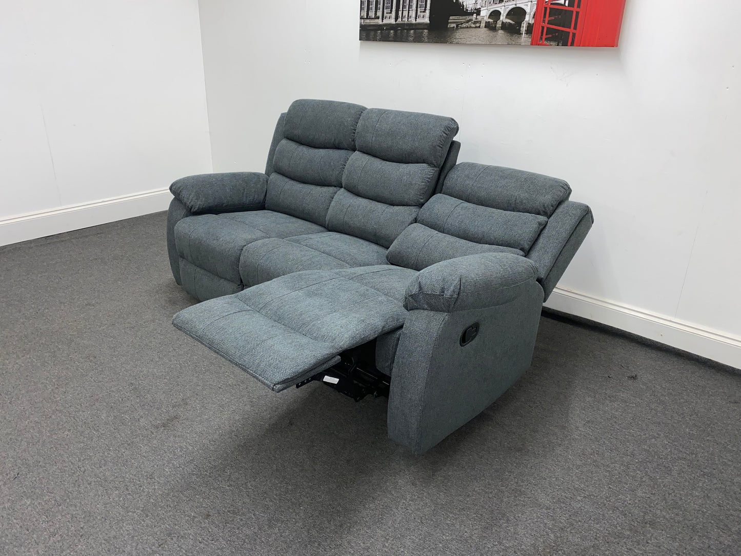 ‘Lewson’ Charcoal Grey Fabric Recliner 3 Seater + 2 Seater Sofa Set + Drinks Tray Table | Couch |