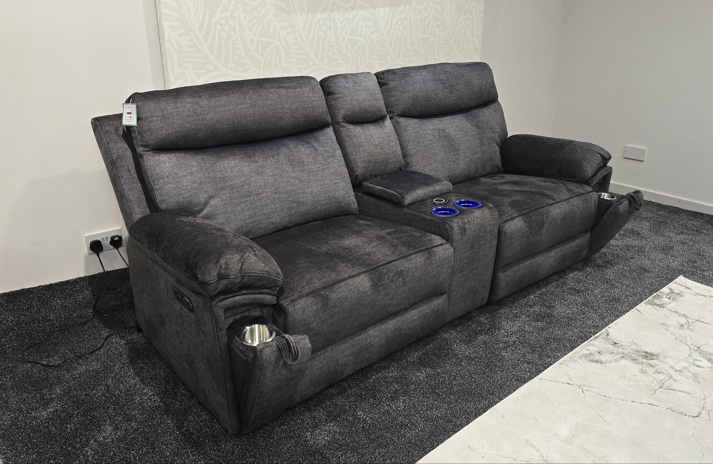 "Xavier" Cinema Sofa in Grey Plush Fabric & Comes With Power Recliners, USB Charging Ports, Drinks Cooling Cup Holders Plus Wireless Charging & Storage. Laf + RAF + Tech Console