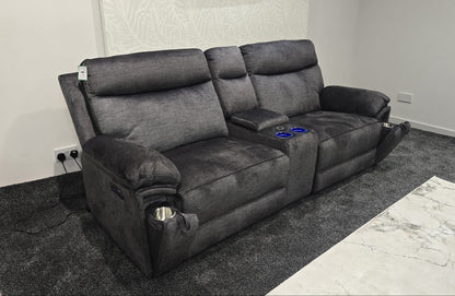 "Xavier" Cinema Sofa in Grey Plush Fabric & Comes With Power Recliners, USB Charging Ports, Drinks Cooling Cup Holders Plus Wireless Charging & Storage. Laf + RAF + Tech Console